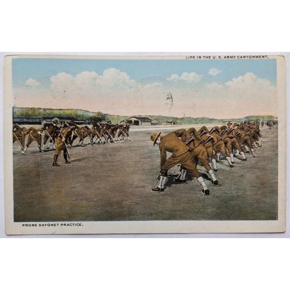 VTG Postcard Military Life In The US Army Cantonment Prone Bayonet Practice 1918